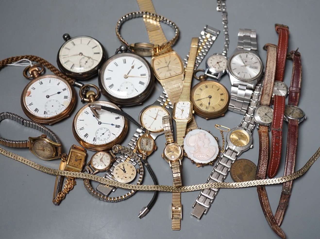 Four assorted pocket watches including tow silver and two gold plated, a brass cased fob watch and a group of sundry lady's and gentleman's mainly modern wrist watches, including Pulsar.